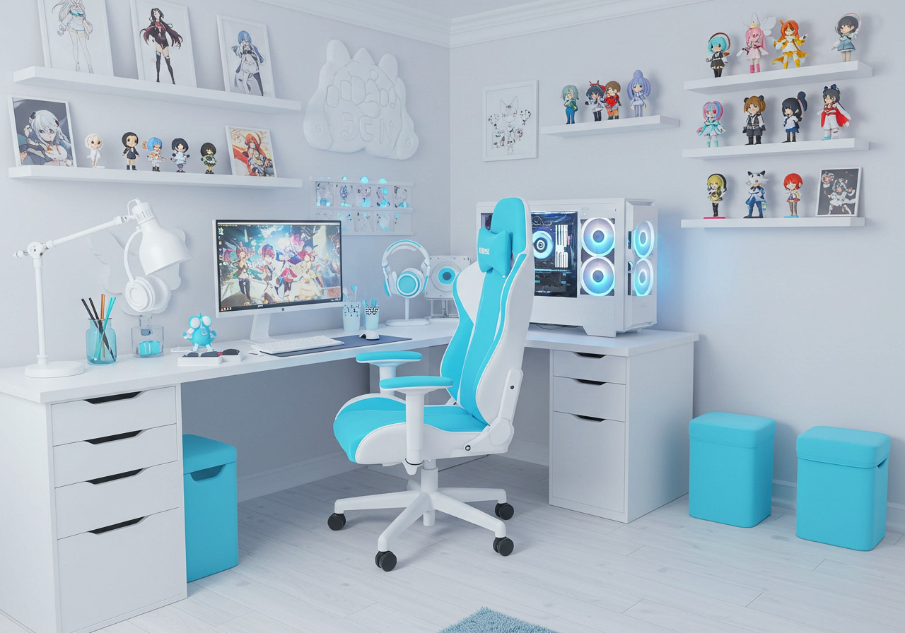 青色・水色のゲーム部屋を作ろう！【ゲーミングデスクや女子向けの 